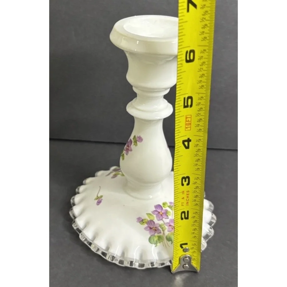 Fenton Silver Crest Violets in The Snow Single Candlestick Milk Glass Vintage